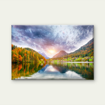 Colorful Autumn Forest Reflecting Across Grundlsee Lake In Austria Wall Art Decor 100% Australian Made