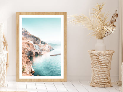 Italy Old City near Sea Blue Sky Photograph Glass Framed Wall Art, Ready to Hang Quality Print With White Border Oak