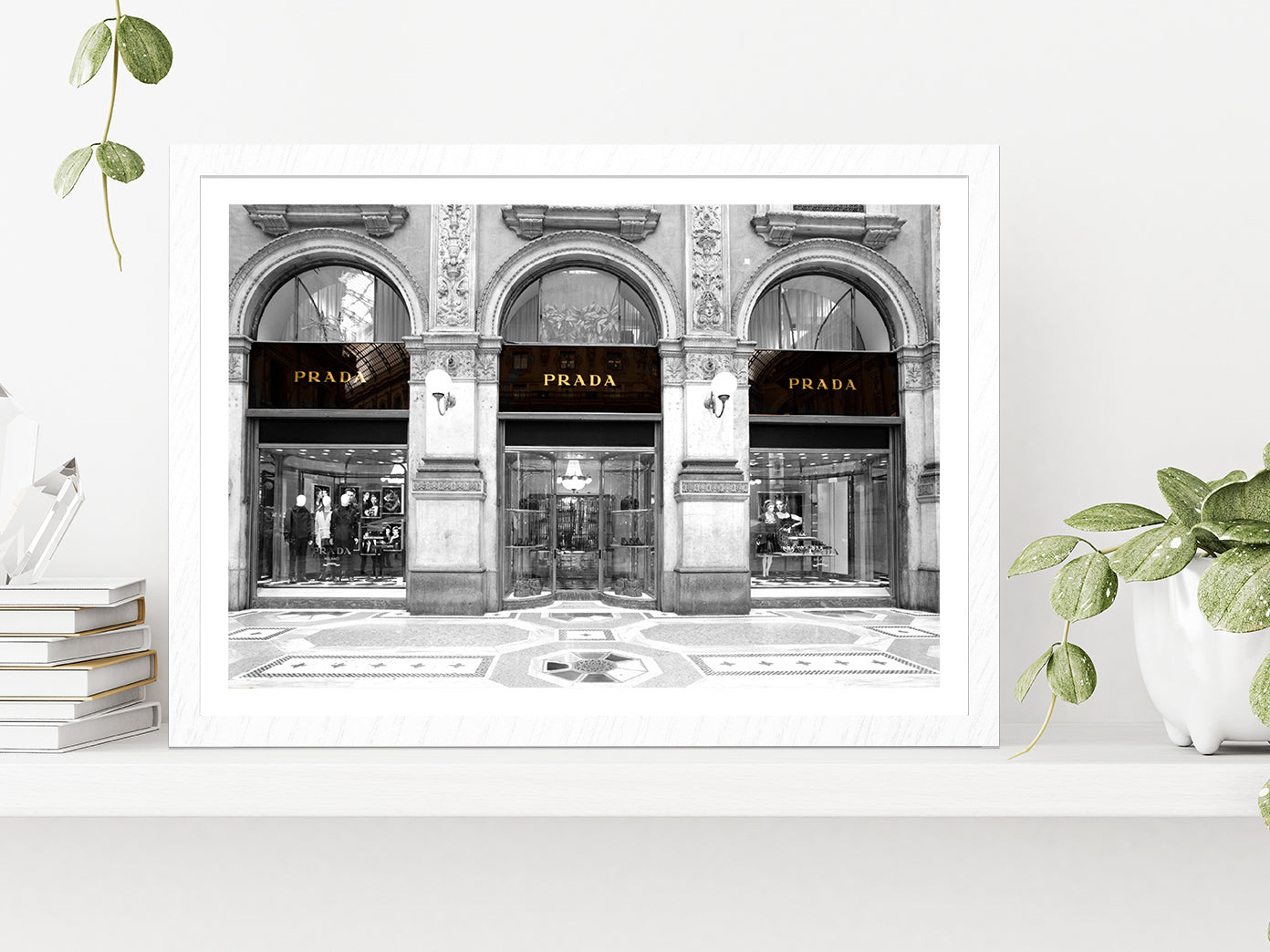 B&W Fashion Store in Vittorio Emanuele Glass Framed Wall Art, Ready to Hang Quality Print With White Border White