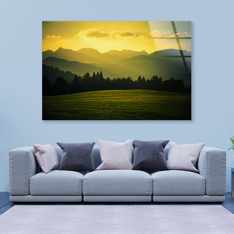 Green Grass Land with Yellow Sky Acrylic Glass Print Tempered Glass Wall Art 100% Made in Australia Ready to Hang - Bella Home Decor