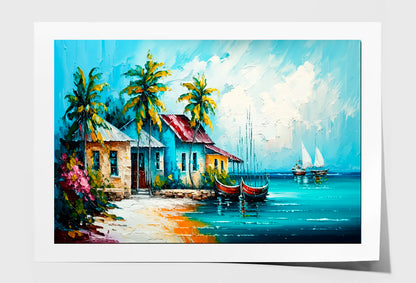 Tropical Seascape Village Oil Painting Wall Art Limited Edition High Quality Print Unframed Roll Canvas None