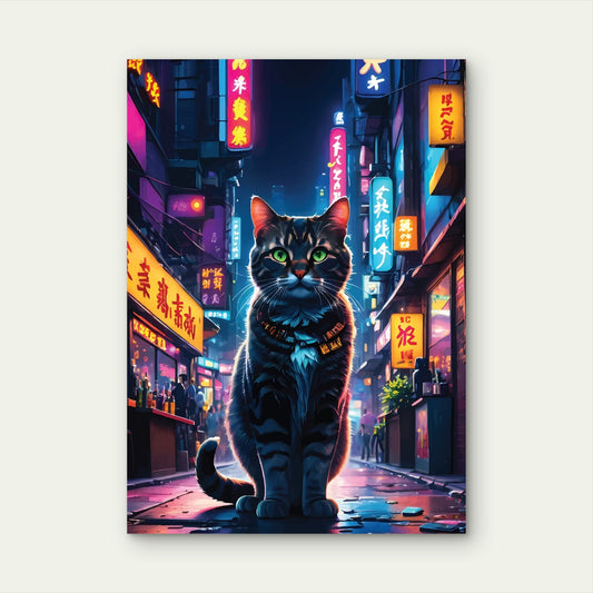 Cyberpunk Neon Tokyo Alley Cat 40x60cm Metal Print Ready to Hang