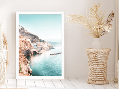 Italy Old City near Sea Blue Sky Photograph Glass Framed Wall Art, Ready to Hang Quality Print Without White Border White