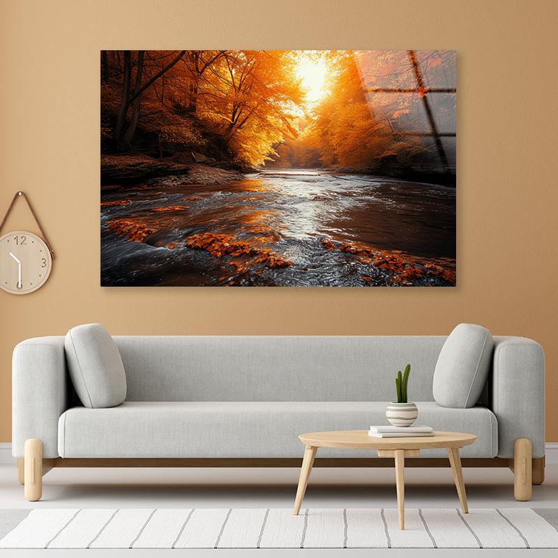 Orange autumn on The River Acrylic Glass Print Tempered Glass Wall Art 100% Made in Australia Ready to Hang - Bella Home Decor