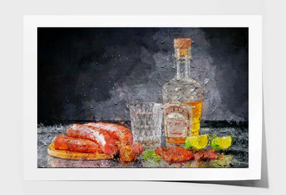 Stylized Still Life with a Bottle of Vodka or Moonshine with a Glass, Bacon, Sausage and Cucumber Wall Art Limited Edition High Quality Print