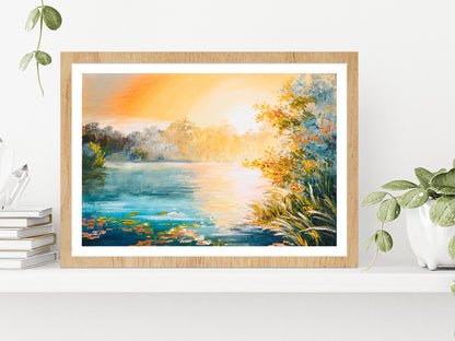 Sunset On The Lake Painting Glass Framed Wall Art, Ready to Hang Quality Print With White Border Oak