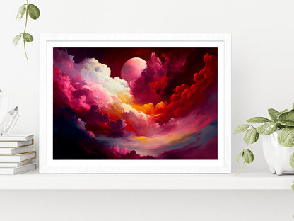 Red Mixed Colorful Cloudy Sky With Moon Glass Framed Wall Art, Ready to Hang Quality Print With White Border White