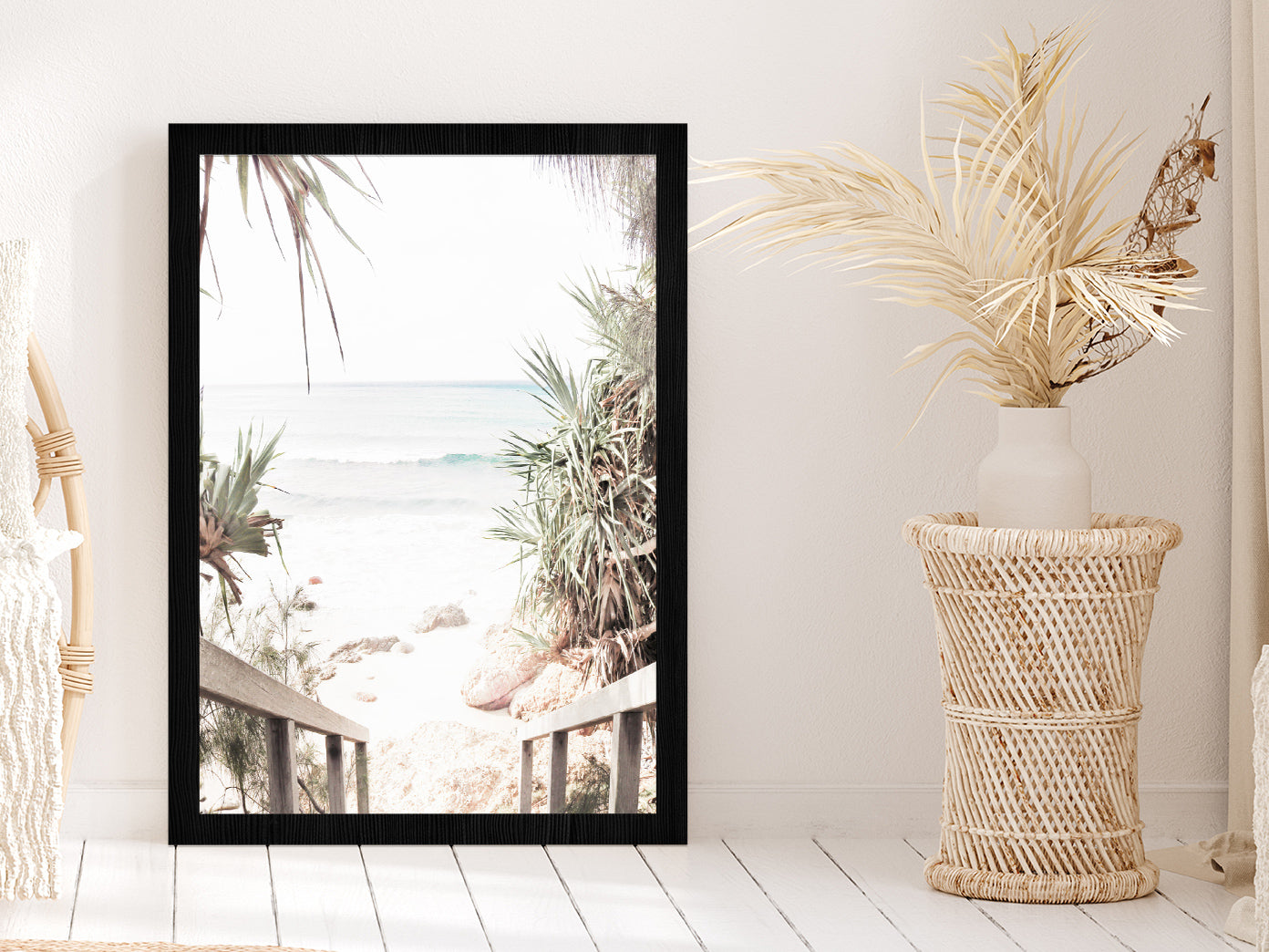 Wooden Pier & Trees near Beach Faded Photograph Glass Framed Wall Art, Ready to Hang Quality Print Without White Border Black