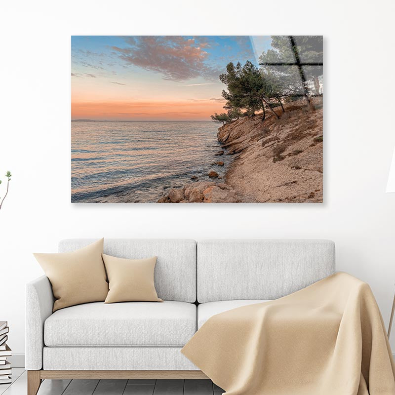 Sunset At the Sea on A Rocky Coast with Pine Trees Acrylic Glass Print Tempered Glass Wall Art 100% Made in Australia Ready to Hang