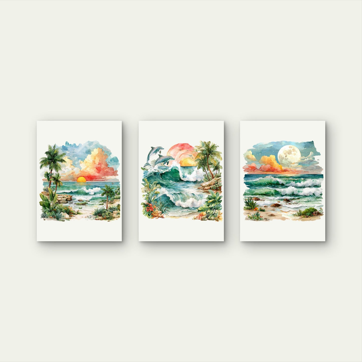3pcs Hawaii Beach Sunset Dolphin Wall Art Set Canvas Framed 40x60cm - High Quality Print 100% Australian Made Wall Canvas Ready to Hang