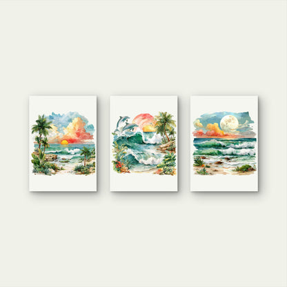 3pcs Hawaii Beach Sunset Dolphin Wall Art Set Canvas Framed 40x60cm - High Quality Print 100% Australian Made Wall Canvas Ready to Hang