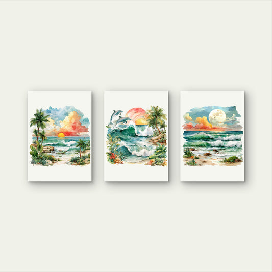 3pcs Hawaii Beach Sunset Dolphin Wall Art Set Canvas Framed 40x60cm - High Quality Print 100% Australian Made Wall Canvas Ready to Hang