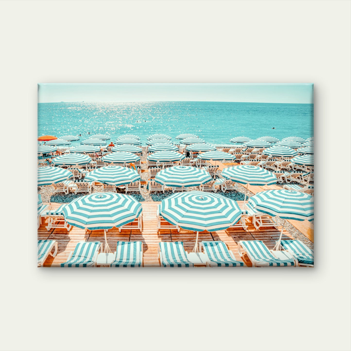 Summer Turquoise and Blue Striped Umbrella French Riviera Beach Wall Art Decor 100% Australian Made