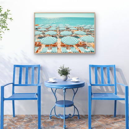 Summer Turquoise and Blue Striped Umbrella French Riviera Beach Wall Art Decor 100% Australian Made