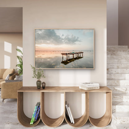 Water Reflection of Moody Sunset with Wooden Pier Wall Art Decor 100% Australian Made