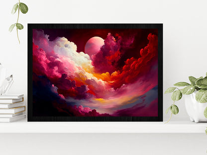 Red Mixed Colorful Cloudy Sky With Moon Glass Framed Wall Art, Ready to Hang Quality Print Without White Border Black