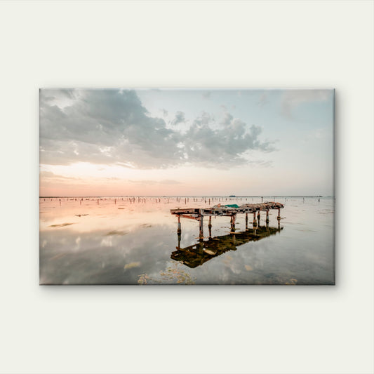 Water Reflection of Moody Sunset with Wooden Pier Wall Art Decor 100% Australian Made