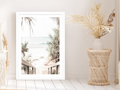 Wooden Pier & Trees near Beach Faded Photograph Glass Framed Wall Art, Ready to Hang Quality Print With White Border White