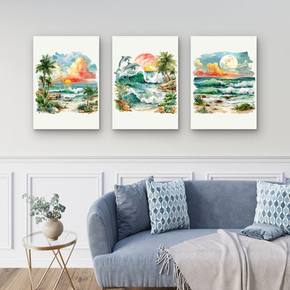 3pcs Hawaii Beach Sunset Dolphin Wall Art Set Canvas Framed 40x60cm - High Quality Print 100% Australian Made Wall Canvas Ready to Hang