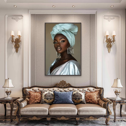 African Woman with Silvery Dress and Turban Painting Fashion Home Decor Premium Quality Poster Print Choose Your Sizes