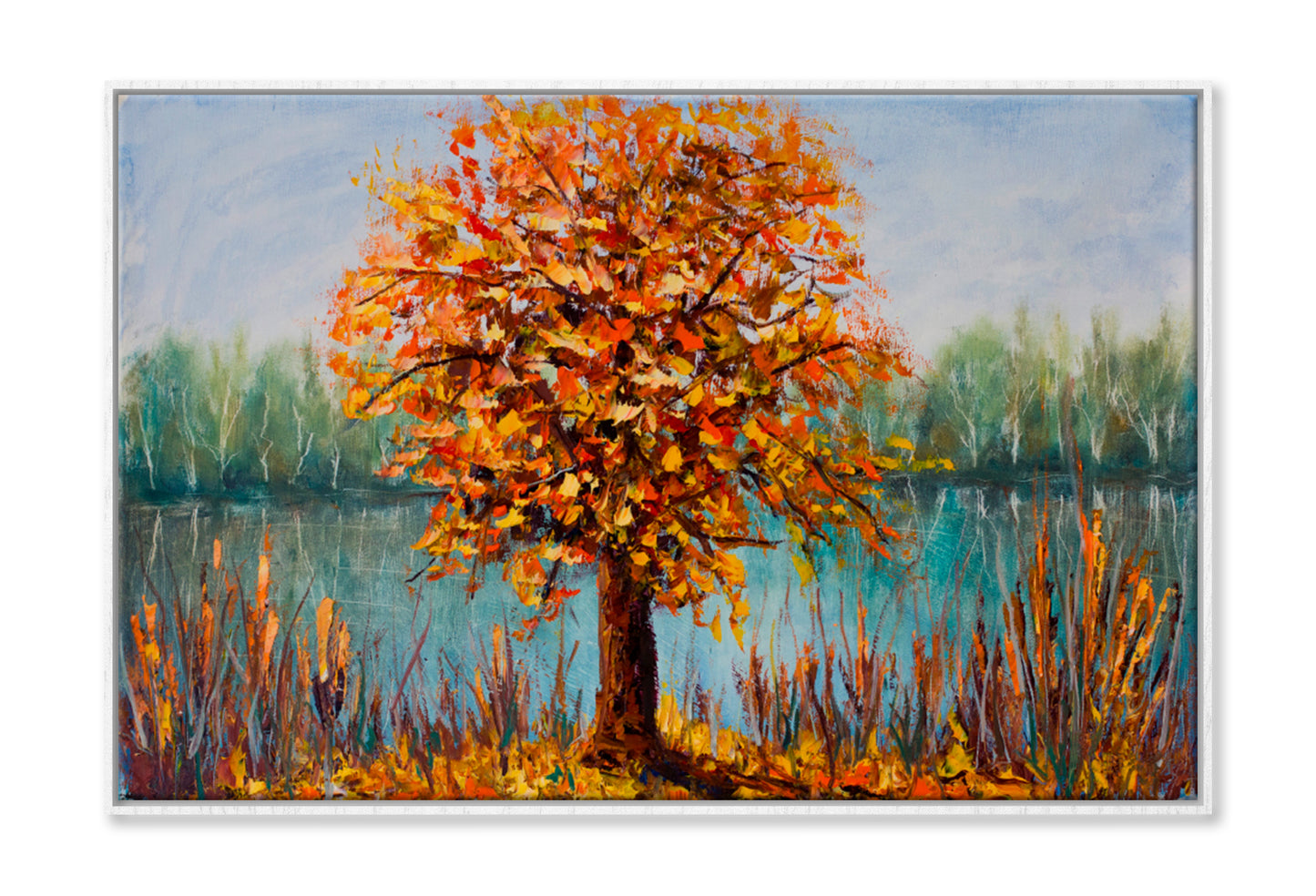 Yellow Leaves, The Reflection Of Trees Oil Painting Wall Art Limited Edition High Quality Print Canvas Box Framed White