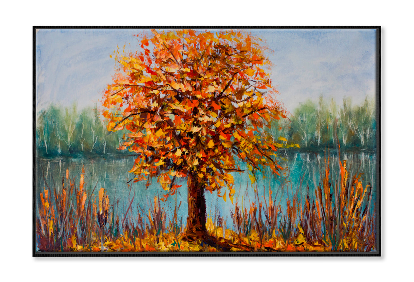 Yellow Leaves, The Reflection Of Trees Oil Painting Wall Art Limited Edition High Quality Print Canvas Box Framed Black