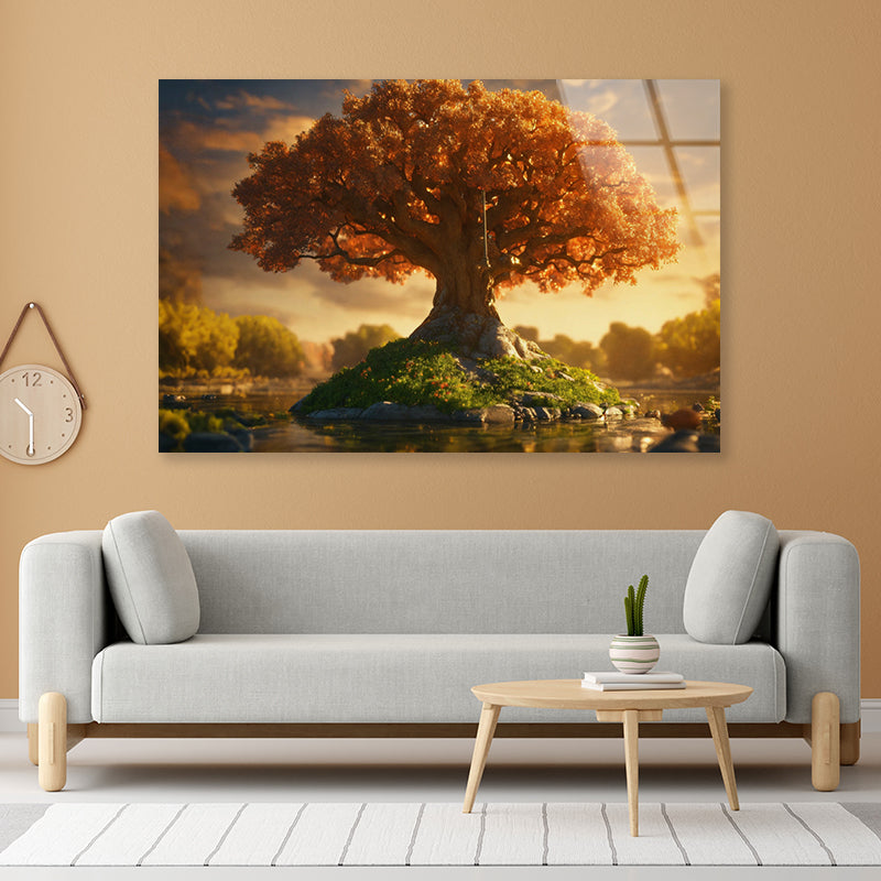 A Tree with Orange Leaves with Cloudy Sky Acrylic Glass Print Tempered Glass Wall Art 100% Made in Australia Ready to Hang - Bella Home Decor