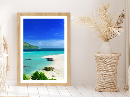 Boats near Lipe Island Blue Sky View Thailand Glass Framed Wall Art, Ready to Hang Quality Print With White Border Oak