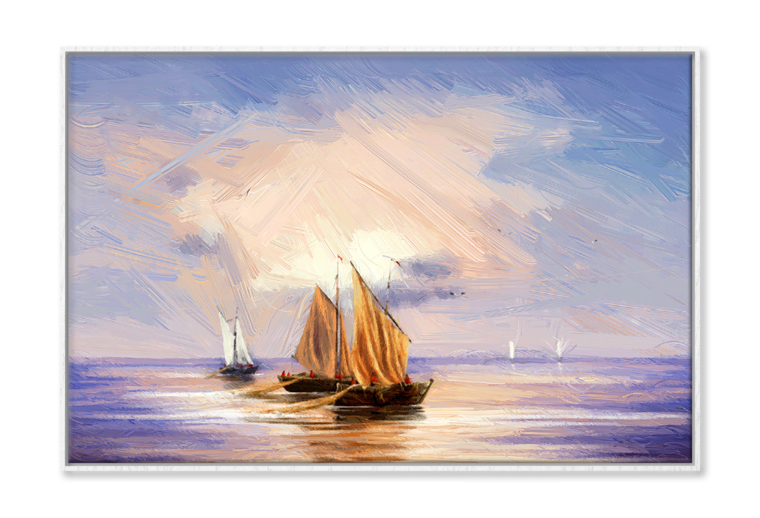 Fishing Boats & Cloudy Sky Sea Oil Painting Wall Art Limited Edition High Quality Print Canvas Box Framed White