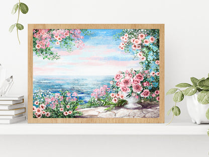 Blue Sea, Pink Flower Rose In Vase & Leaf View On Ocean Glass Framed Wall Art, Ready to Hang Quality Print Without White Border Oak