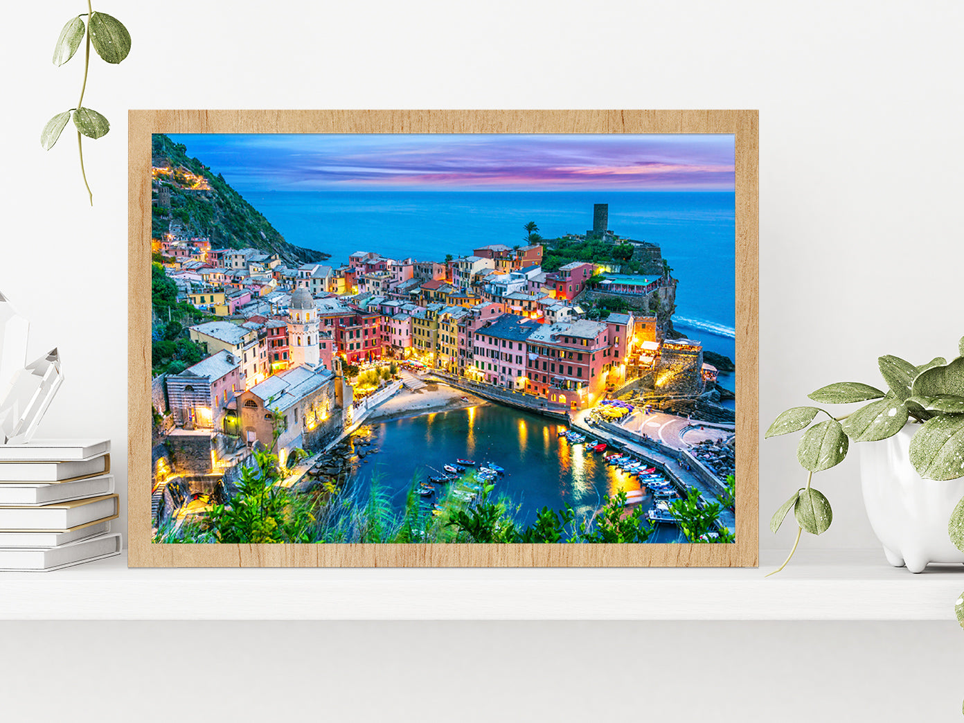 Picturesque Town Of Vernazza Glass Framed Wall Art, Ready to Hang Quality Print Without White Border Oak