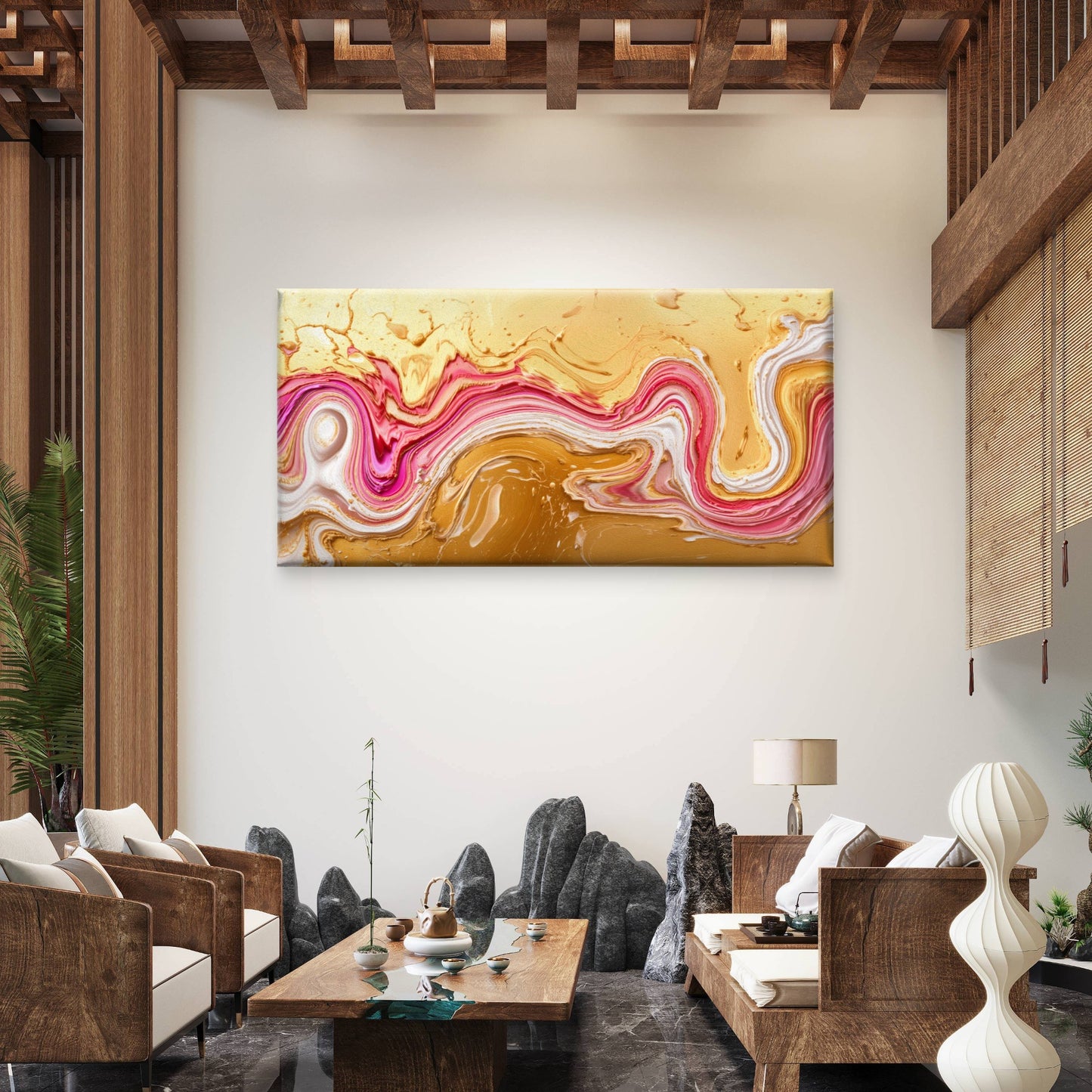 Fluid Pink Gold Liquid Marble Wall Art Canvas Office Home Room Framed 120x60cm