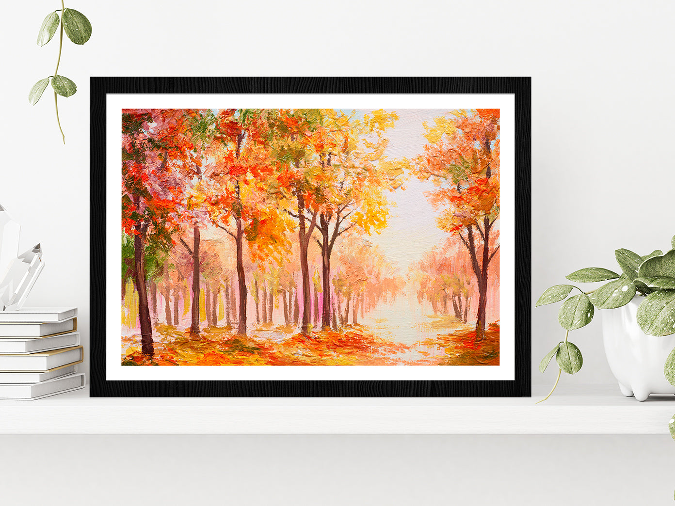 Colorful Autumn Forest Glass Framed Wall Art, Ready to Hang Quality Print With White Border Black