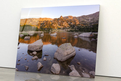 A Lake Surrounded By Rocks and Trees Acrylic Glass Print Tempered Glass Wall Art 100% Made in Australia Ready to Hang