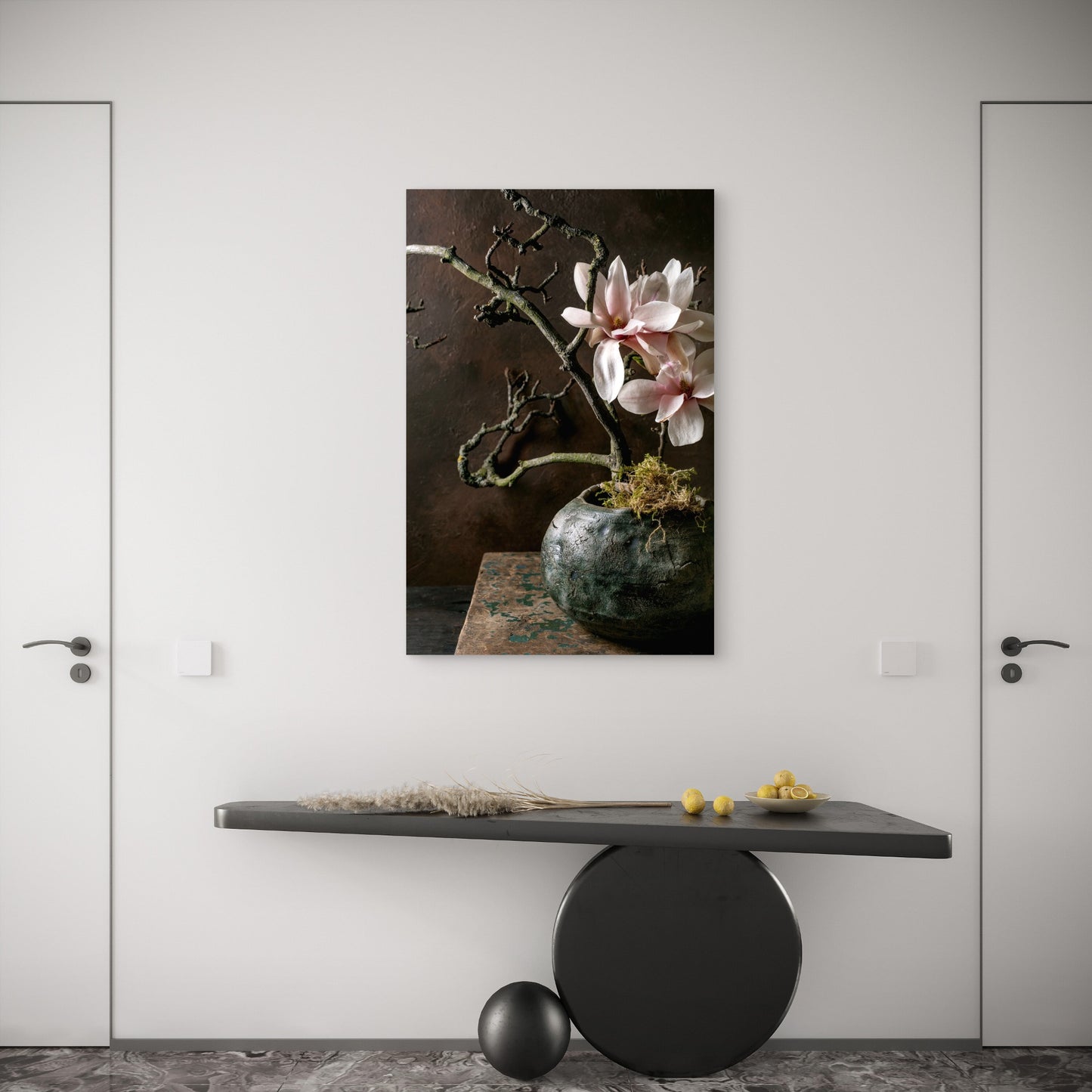 Blooming Magnolia Flower Branch Ikebana in Vase 60x90cm Metal Print Ready to Hang - Bella Home Decor