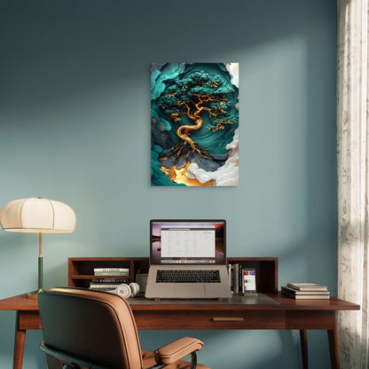 Gold Emerald Twisted Bonsai 40x60cm Metal Print Ready to Hang - Bella Home Decor