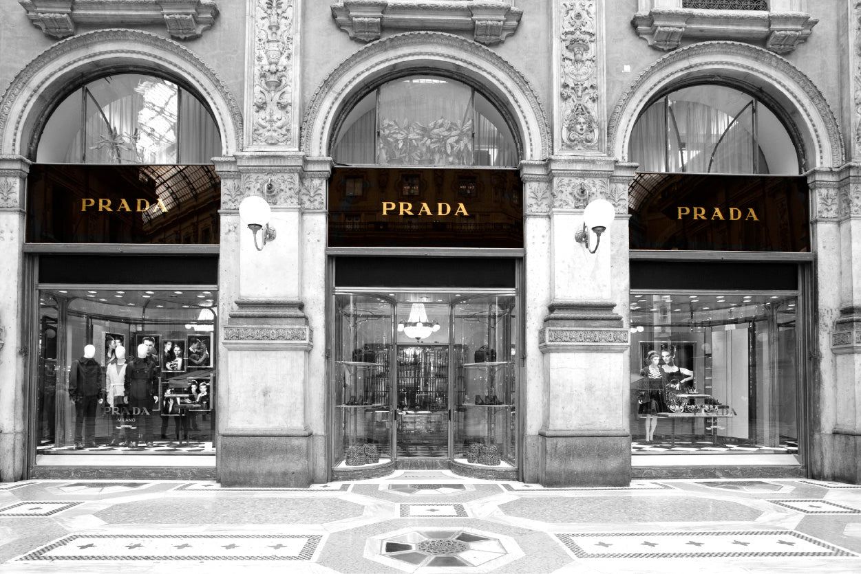 B&W Fashion Store in Vittorio Emanuele Glass Framed Wall Art, Ready to Hang Quality Print