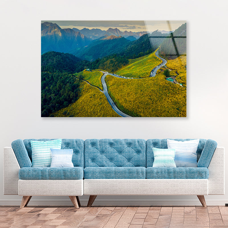 Scenic Mountain Road Winding Through Mountains Acrylic Glass Print Tempered Glass Wall Art 100% Made in Australia Ready to Hang