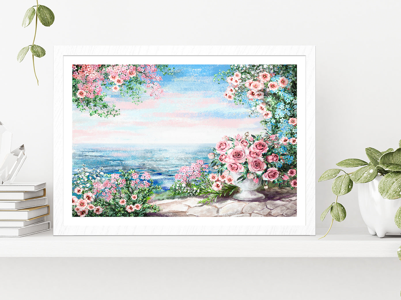 Blue Sea, Pink Flower Rose In Vase & Leaf View On Ocean Glass Framed Wall Art, Ready to Hang Quality Print With White Border White