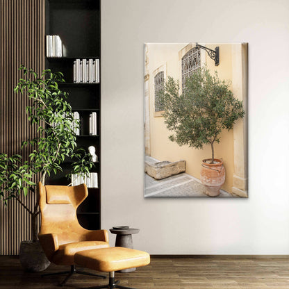 Mediterranean Courtyard with a Potted Olive Tree Wall Art Decor 100% Australian Made - Bella Home Decor