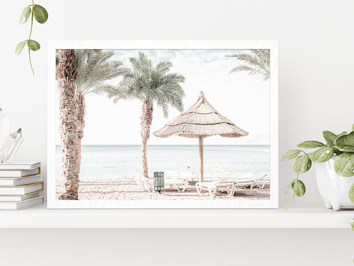 Beach Hut & Chair in Seashore Faded Photograph Glass Framed Wall Art, Ready to Hang Quality Print Without White Border White