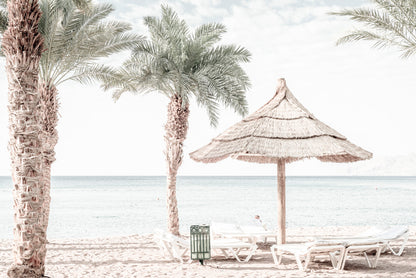 Beach Hut & Chair in Seashore Faded Photograph Glass Framed Wall Art, Ready to Hang Quality Print