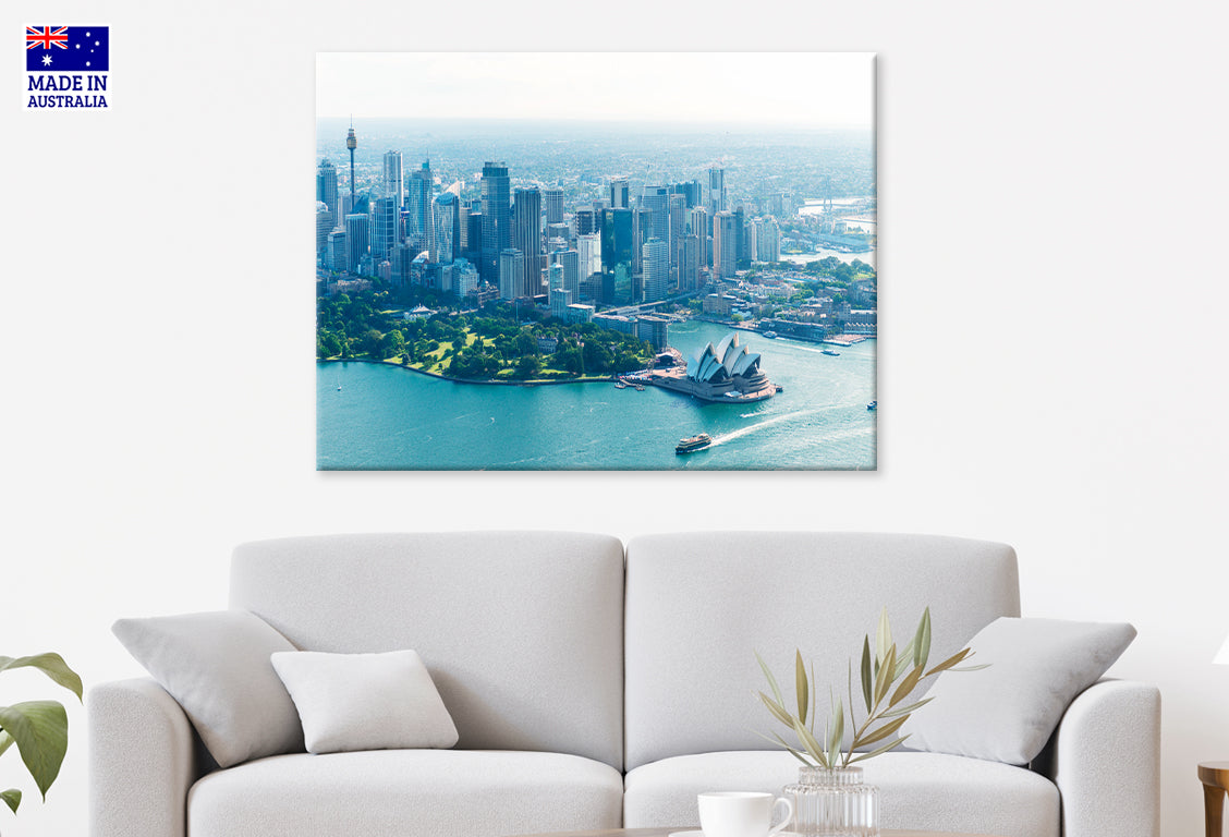 Aerial View of Sydney Skyline with Opera House Wall Art Decor 100% Australian Made