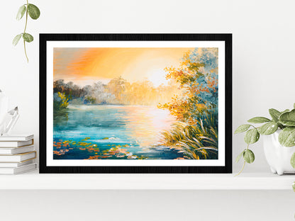 Sunset On The Lake Painting Glass Framed Wall Art, Ready to Hang Quality Print With White Border Black