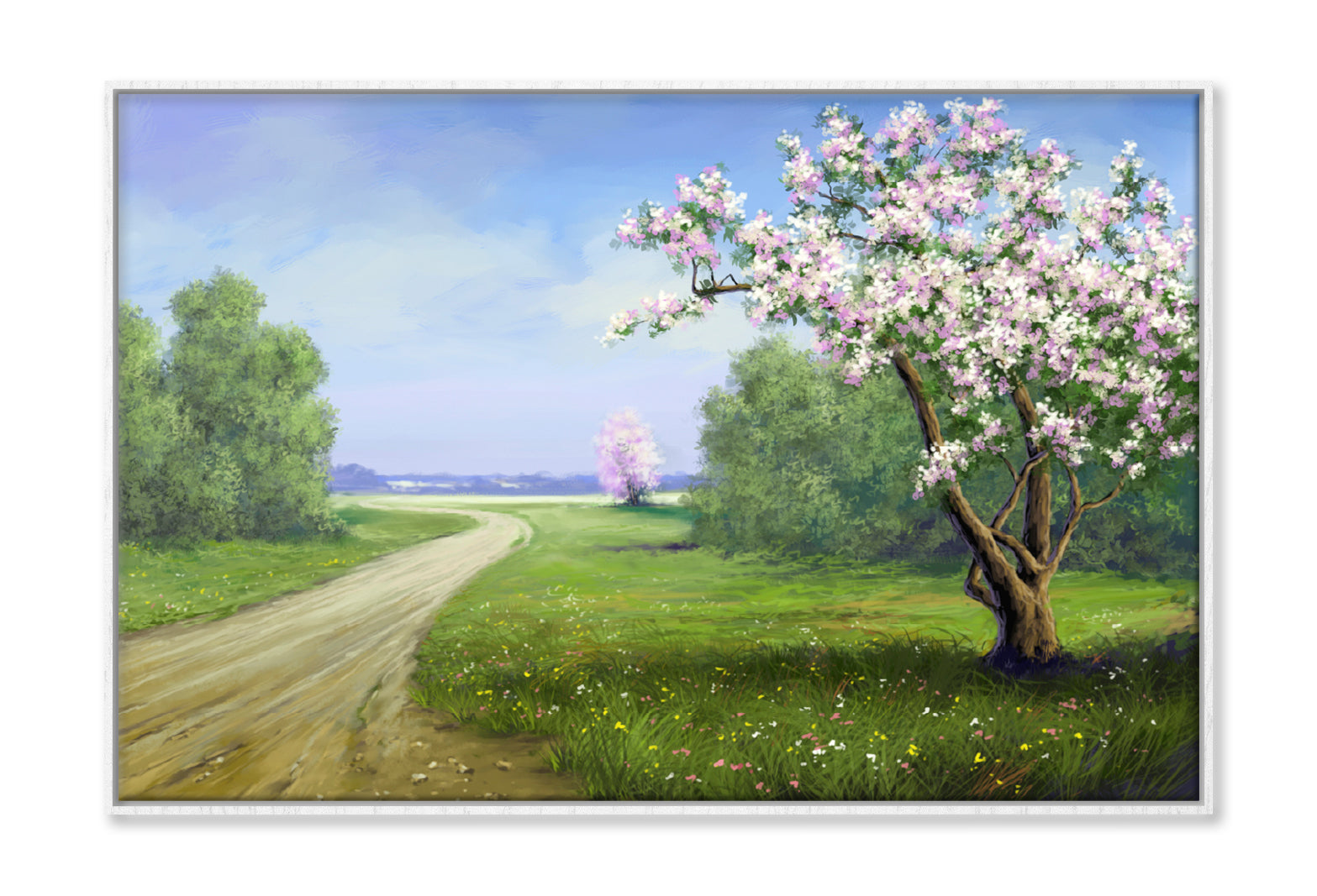 Pink Blossom Tree near Road Oil Painting Wall Art Limited Edition High Quality Print Canvas Box Framed White