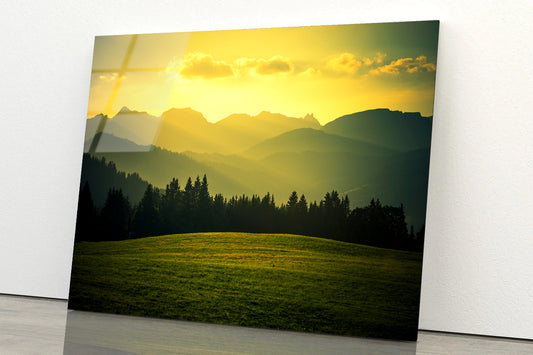 Green Grass Land with Yellow Sky Acrylic Glass Print Tempered Glass Wall Art 100% Made in Australia Ready to Hang - Bella Home Decor