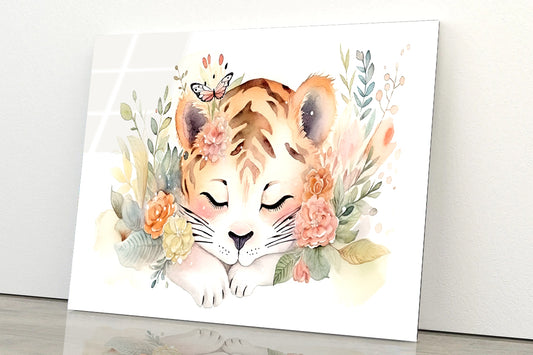 Happy Tiger Cub with Flowers Watercolor Style Acrylic Glass Print Tempered Glass Wall Art 100% Made in Australia Ready to Hang
