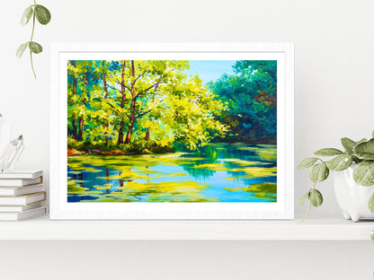 Lake In The Forest Oil Painting Glass Framed Wall Art, Ready to Hang Quality Print With White Border White