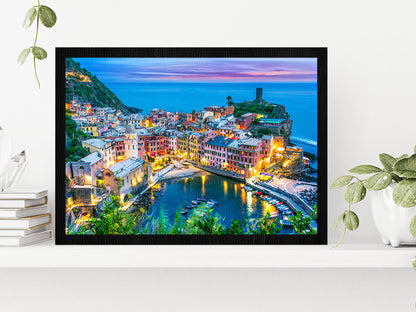 Picturesque Town Of Vernazza Glass Framed Wall Art, Ready to Hang Quality Print Without White Border Black