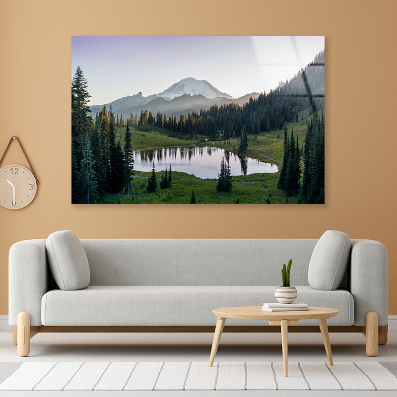 Scenic View of Lake Surrounded By Trees & Mountains Acrylic Glass Print Tempered Glass Wall Art 100% Made in Australia Ready to Hang